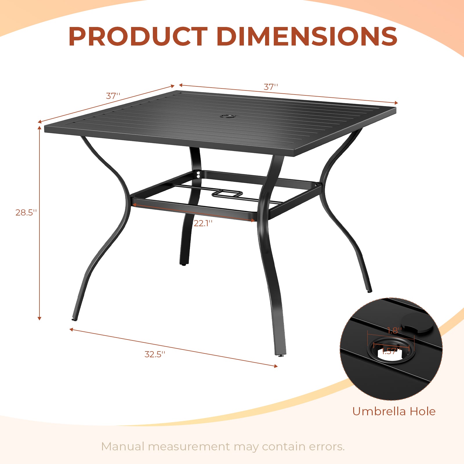 TLSUNNY Patio Dining Table, w/ Adjustable Umbrella Hole & Foot Pads, Metal Outdoor Table w/ Non-Rust E-coating, All Weather for Backyard Lawn Balcony Poolside