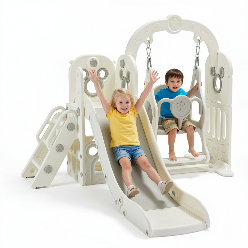 TLSUNNY 5-in-1 Kids Slide and Swing Set, Toddlers Slide & Climber with Basketball Hoop and Storage, for Indoor, Outdoor, Playground,Backyard