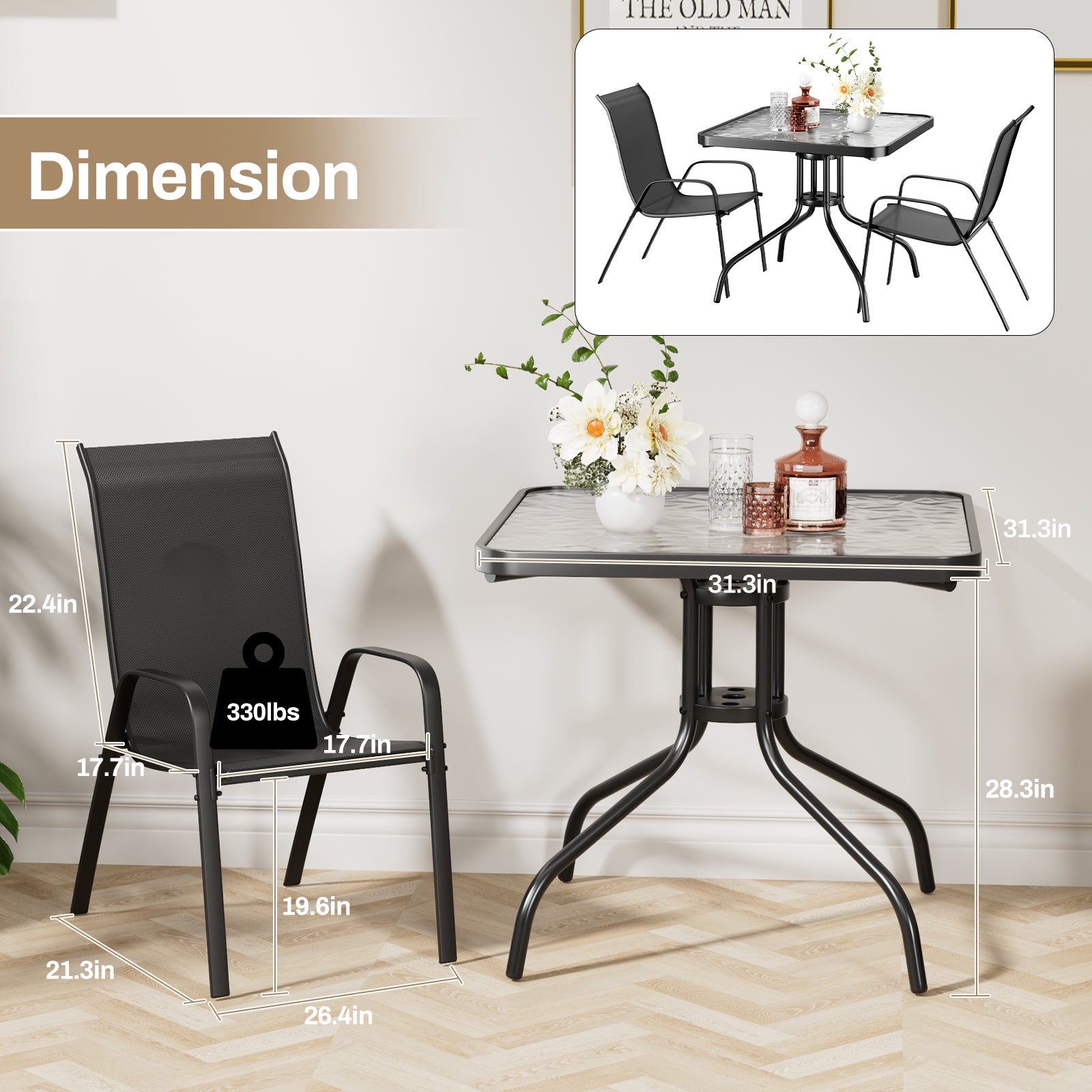 TLSUNNY Outdoor Dining Set of 5, Square Glass Top Table with Umbrella Hole and 4 Stackable Textilene Chairs, for Patio, Backyard, Porch, Lawn Use
