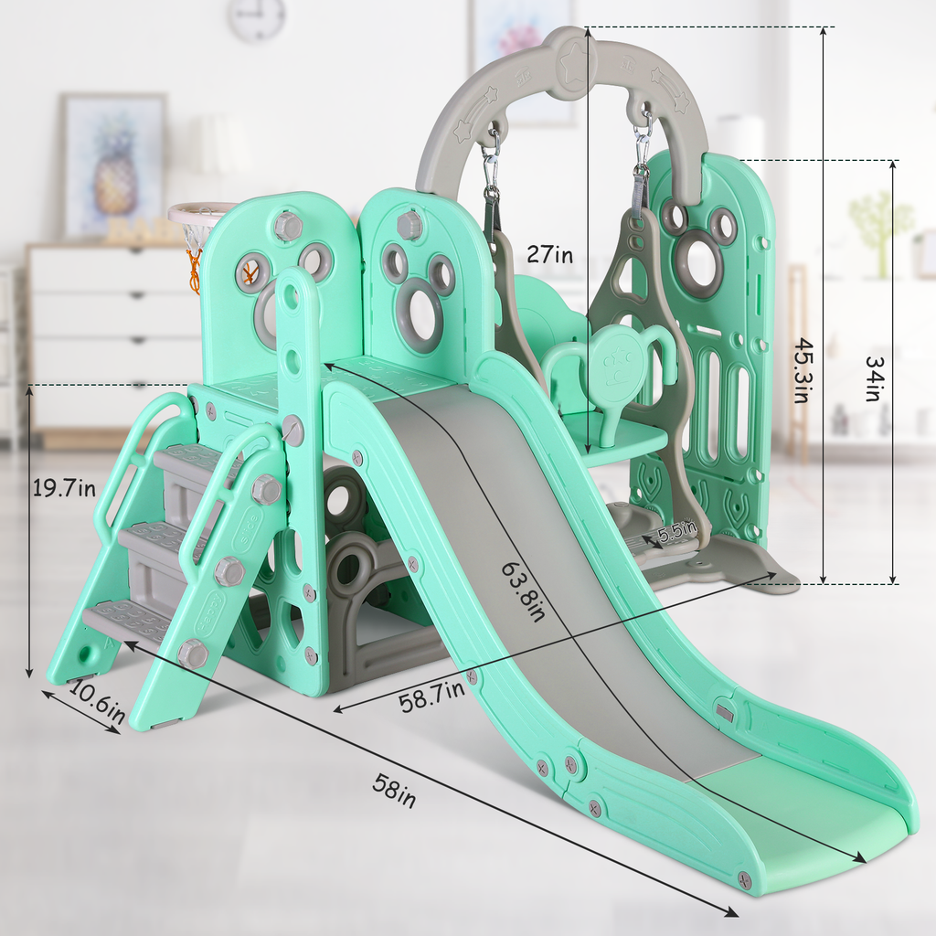 TLSUNNY 5-in-1 Kids Slide and Swing Set, Toddlers Slide & Climber with Basketball Hoop and Storage, for Indoor, Outdoor, Playground,Backyard