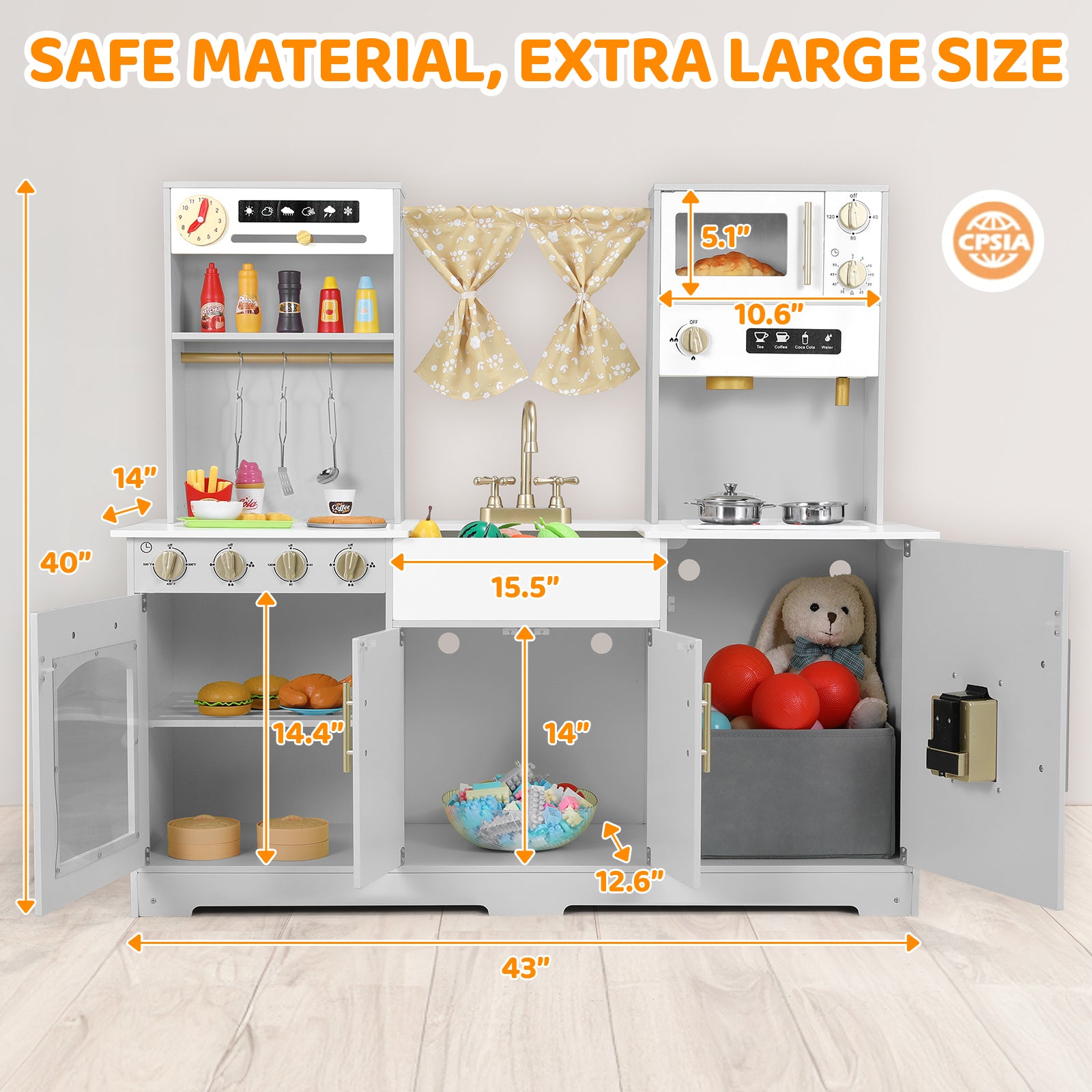 TLSUNNY Kids Play Kitchen with Realistic Lights & Sounds, Wooden Toy Pretend Play Kitchen Set w/ Sink, Faucet, Microwave, Curtain for Ages 3+