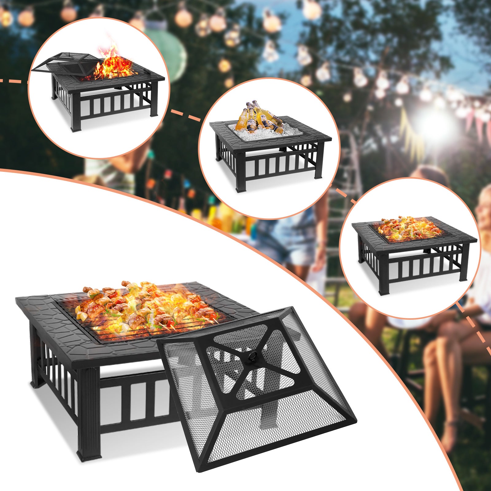 TLSUNNY 32'' Metal Fire Pits for Outside, Square Wood Burning Firepit Table, for Outdoor Patio Backyard Bonfire Party