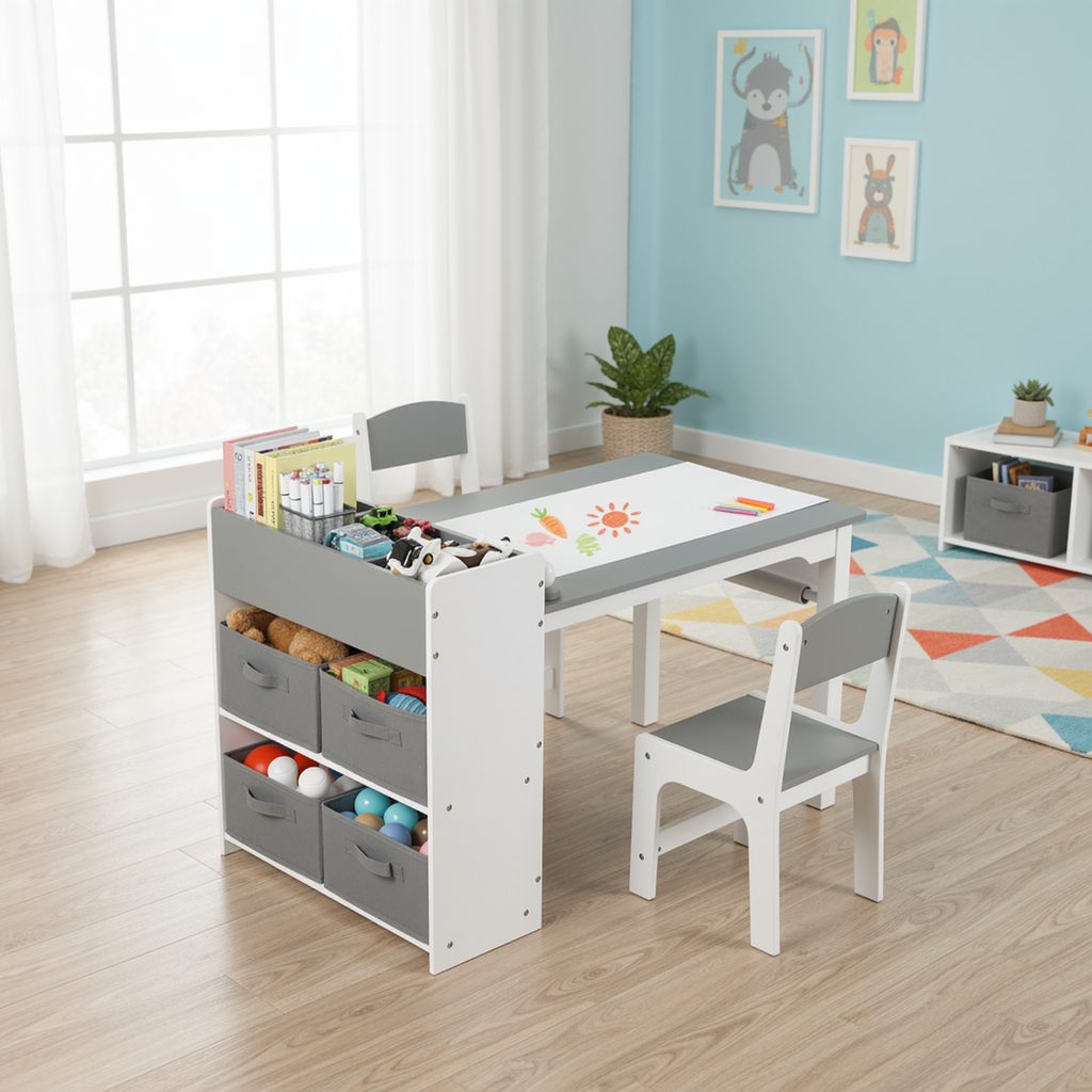 TLSUNNY Kids Art Table and 2 Chairs, Massive Storage, Toddler Craft Desk Set, w/ Paper Roll & 4 Storage Bins, Age 3+
