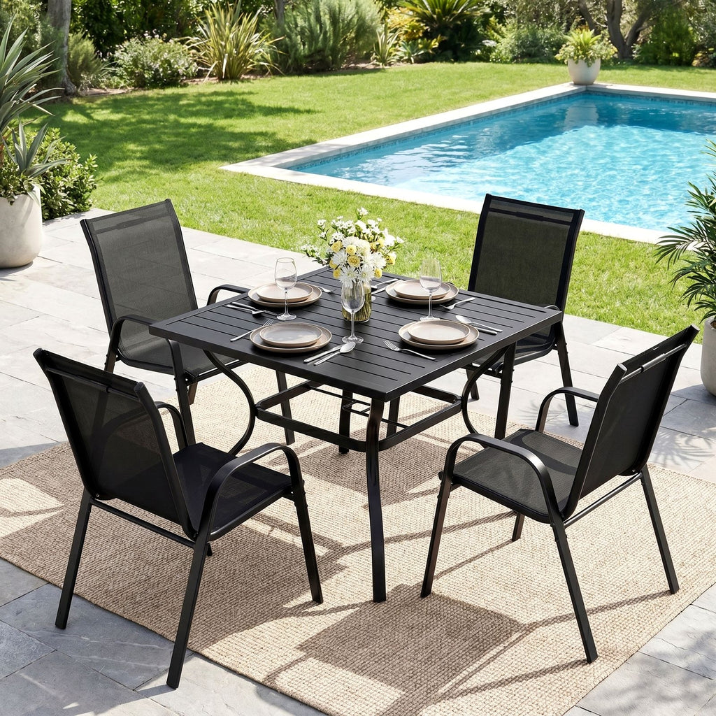 TLSUNNY 5-Piece Outdoor Patio Dining Set, W/ Metal Iron Square Table & Textilene Chairs for 4-Person