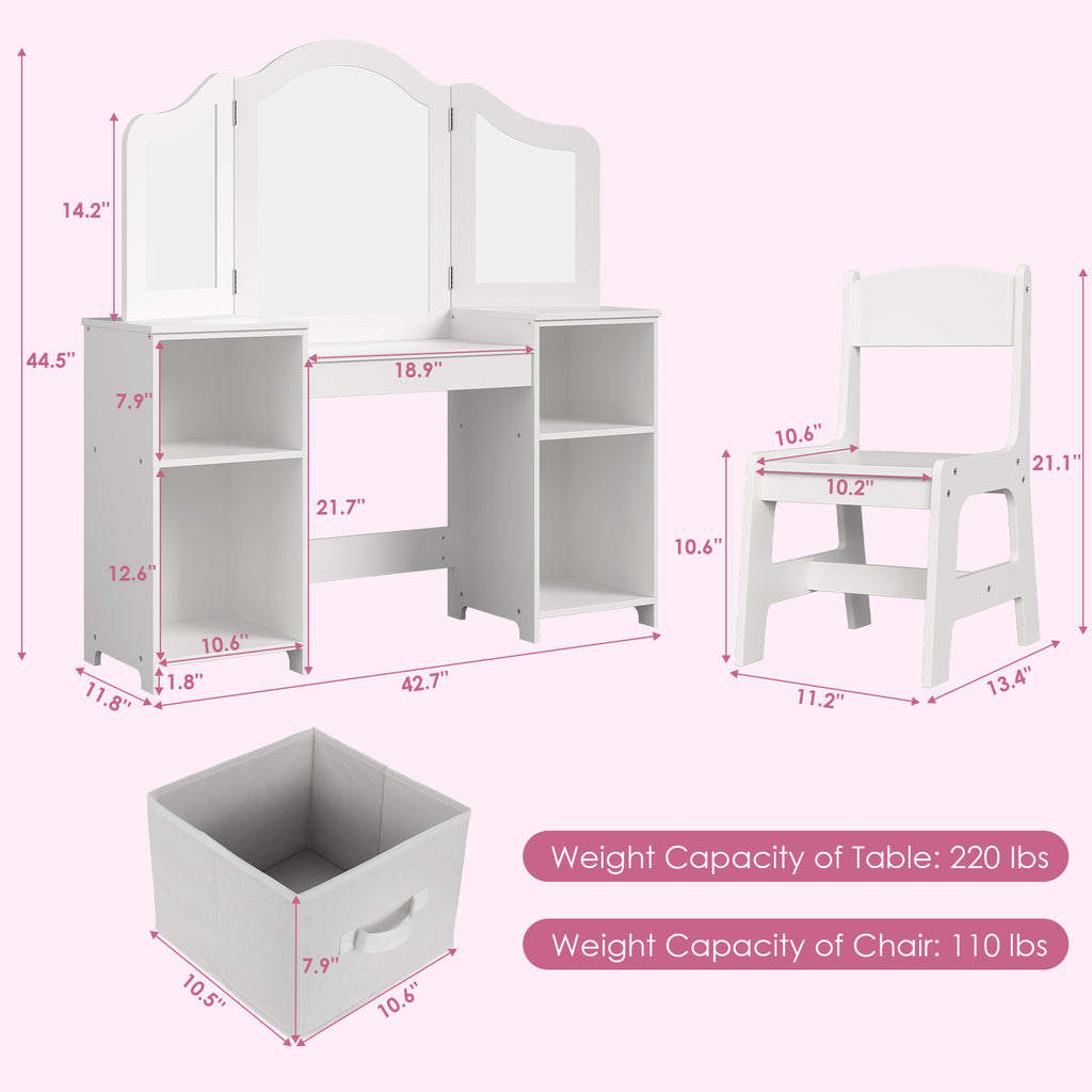 TLSUNNY Kids Vanity Set, Toddler Princess Makeup Desk & Stool Set w/ Tri-Fold Mirror Storage Drawers, for Girls