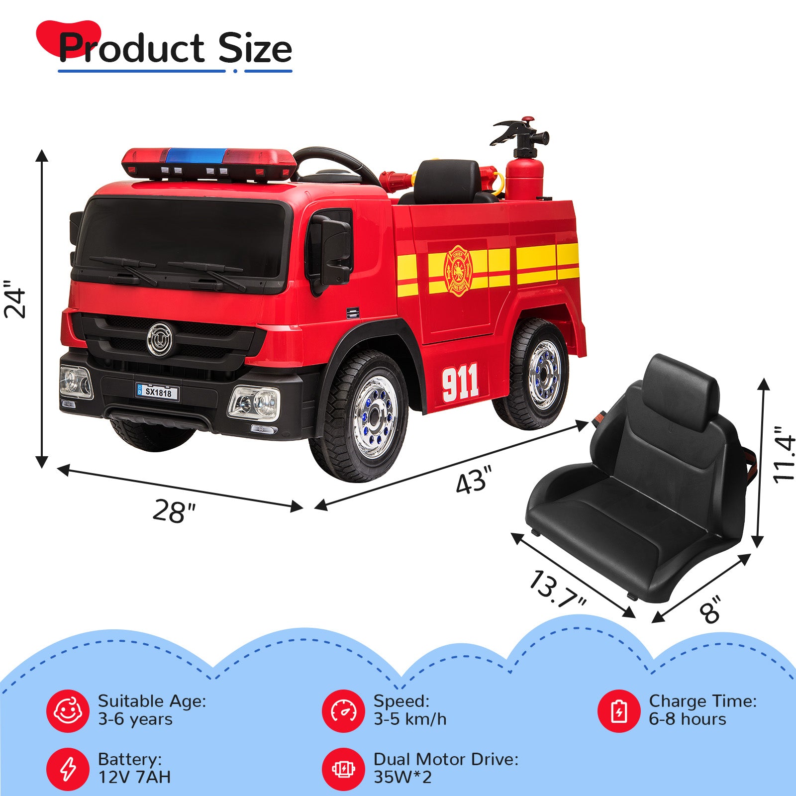 TLSUNNY 12V Ride on Fire Truck, w/Parent Remote Control,  Siren-Call, Flashing Lights, Fire Extinguishers, for Kids Age 3+
