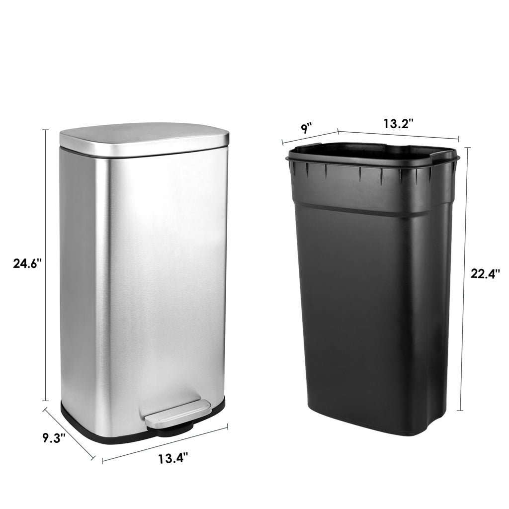 TLSUNNY 8/13.2 Gallon Step Trash Can, Stainless Steel Garbage Bin, Soft-Close Rubbish Bin with Removable Plastic Inner Bucket, Fingerprint-Proof, Lid Dustbin, Suit for Kitchen Home