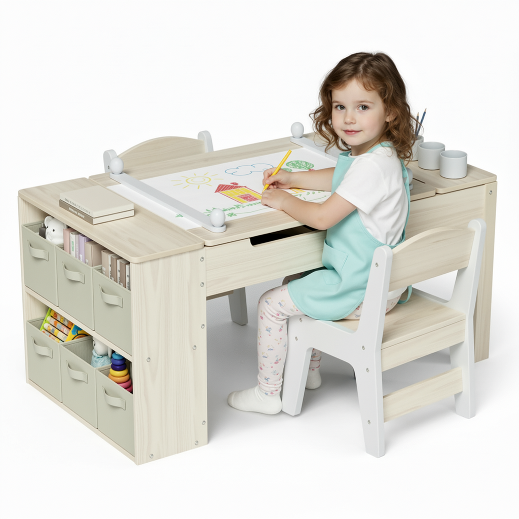 TLSUNNY Kids Art Table and 2 Chairs Set, Toddlers Craft Table Set with Storage Bins, Paint Cups and Paper Roll, Activity Table Set for Age 3+
