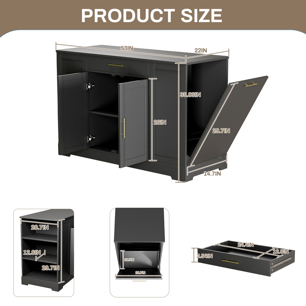 TLSUNNY 53" Kitchen Island w/ 13 Gal Trash Can Storage Cabinet, Portable Kitchen Island, Open Side Shelves and Drawer