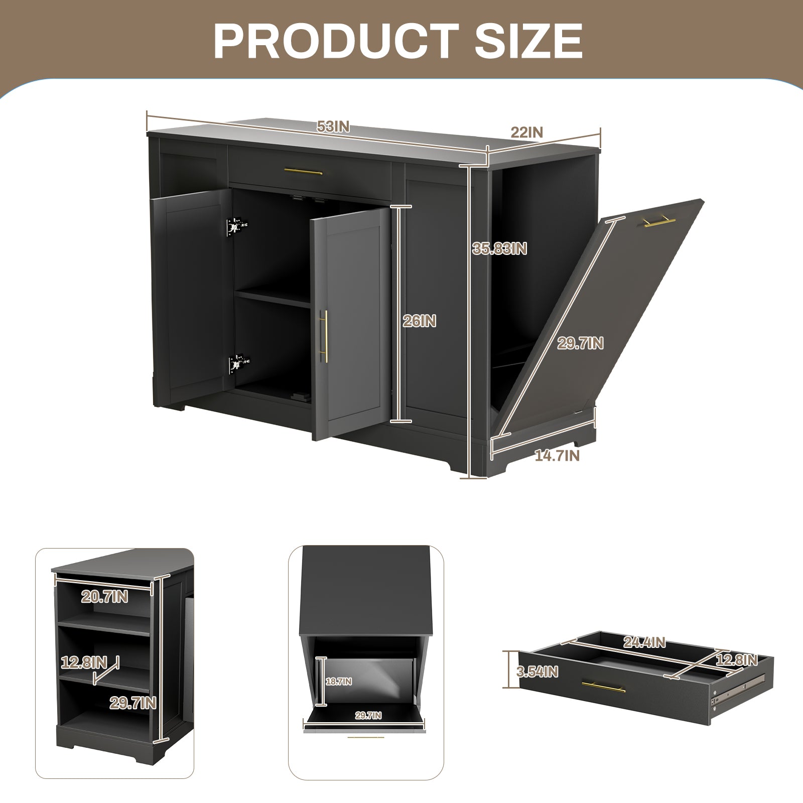 TLSUNNY 53" Kitchen Island w/ 13 Gal Trash Can Storage Cabinet, Portable Kitchen Island, Open Side Shelves and Drawer