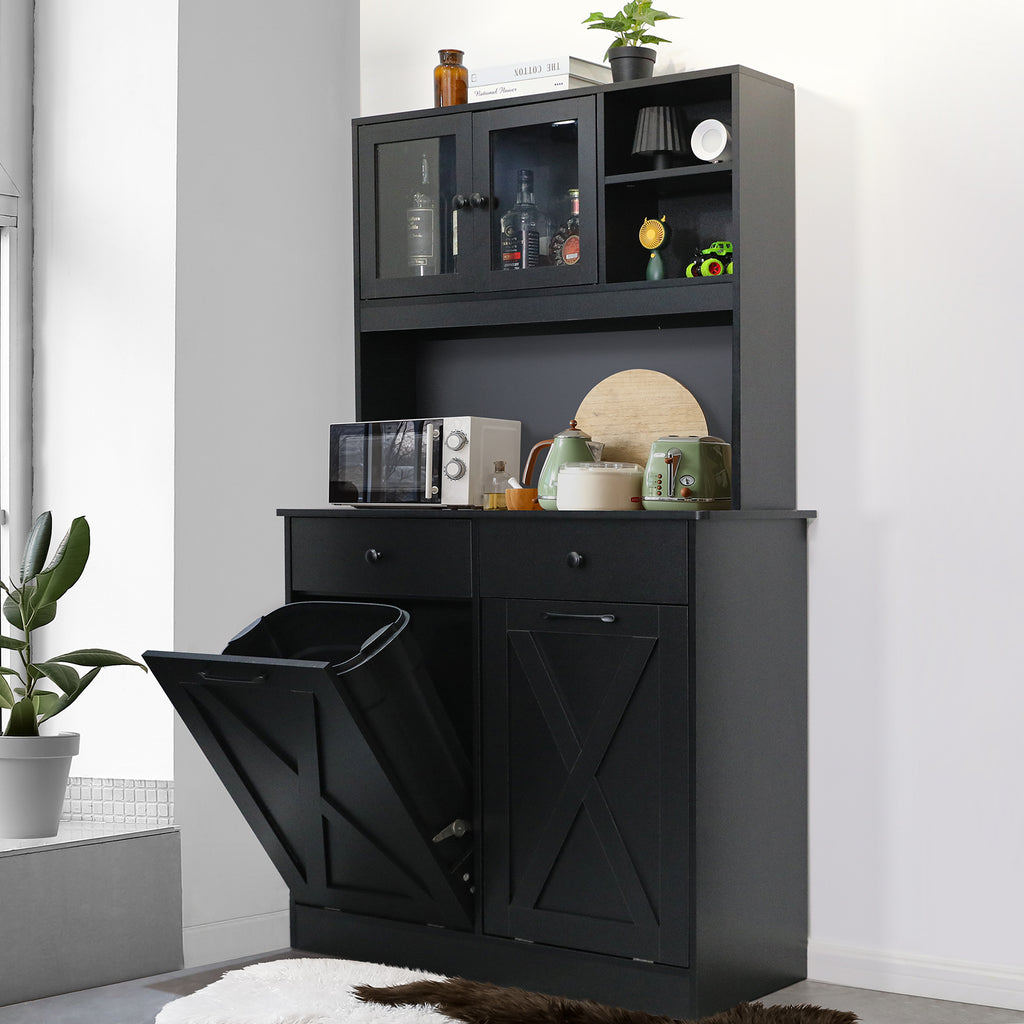 TLSUNNY Double Tilt-Out Trash Cabinet, Freestanding Hidden Garbage Storage w/ Drawers & Shelves for Kitchen/Laundry Room