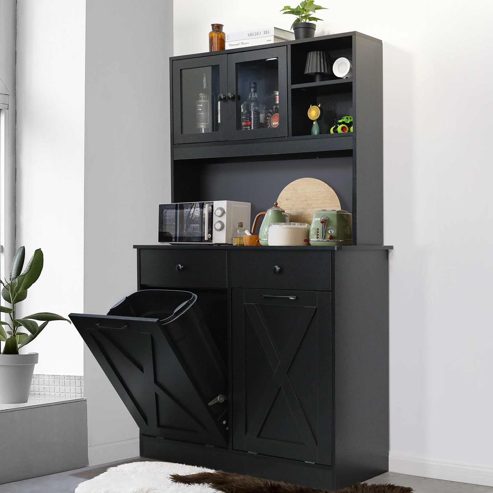 TLSUNNY Double Tilt-Out Trash Cabinet, Freestanding Hidden Garbage Storage w/ Drawers & Shelves for Kitchen/Laundry Room