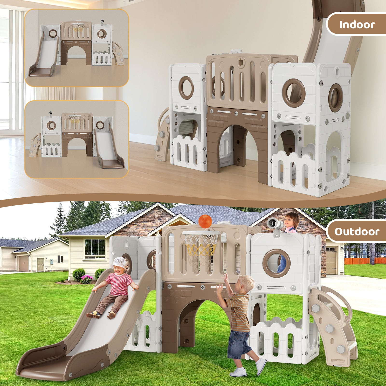 TLSUNNY 9-in-1 Kids Slide & Climber Set, with Basketball Hoop, Telescope & Tunnel, Indoor Outdoor Toddler Playset