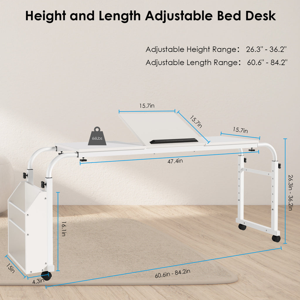 TLSUNNY Adjustable Overbed Table with Wheels, Height & Length Adjustable Laptop Cart w/ Tilt Stand, Side Storage Basket for King/Queen Beds
