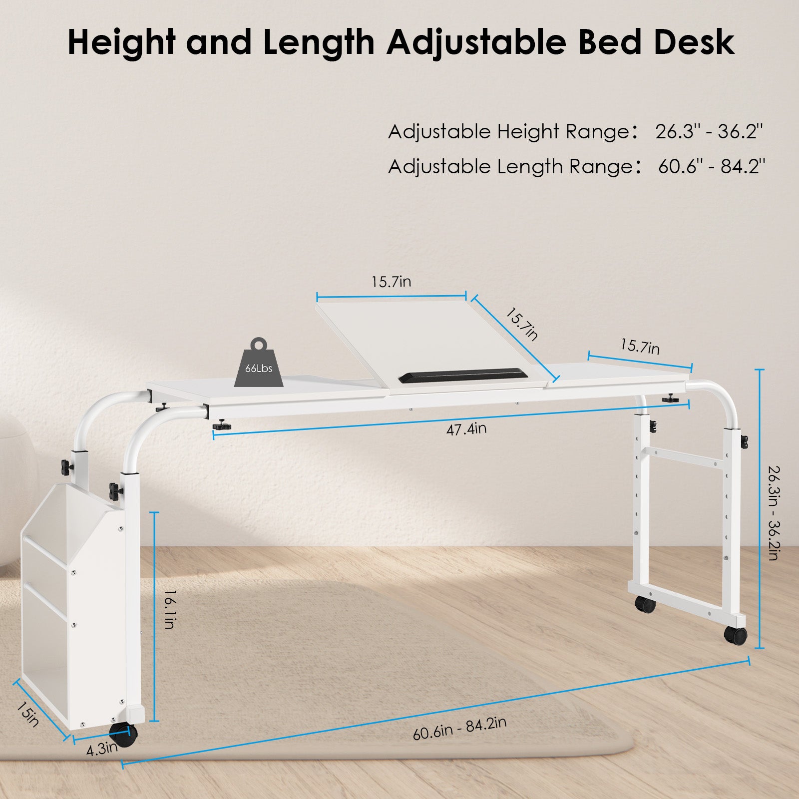 TLSUNNY Adjustable Overbed Table with Wheels, Height & Length Adjustable Laptop Cart w/ Tilt Stand, Side Storage Basket for King/Queen Beds