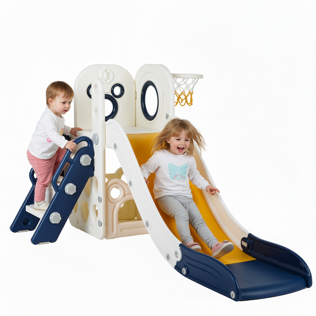 TLSUNNY Toddler Slide Playset, Stair Slides for Kids with Basketball Hoop, Non-Slip Steps & Storage Space, for Backyard, Nursey, Playgroud