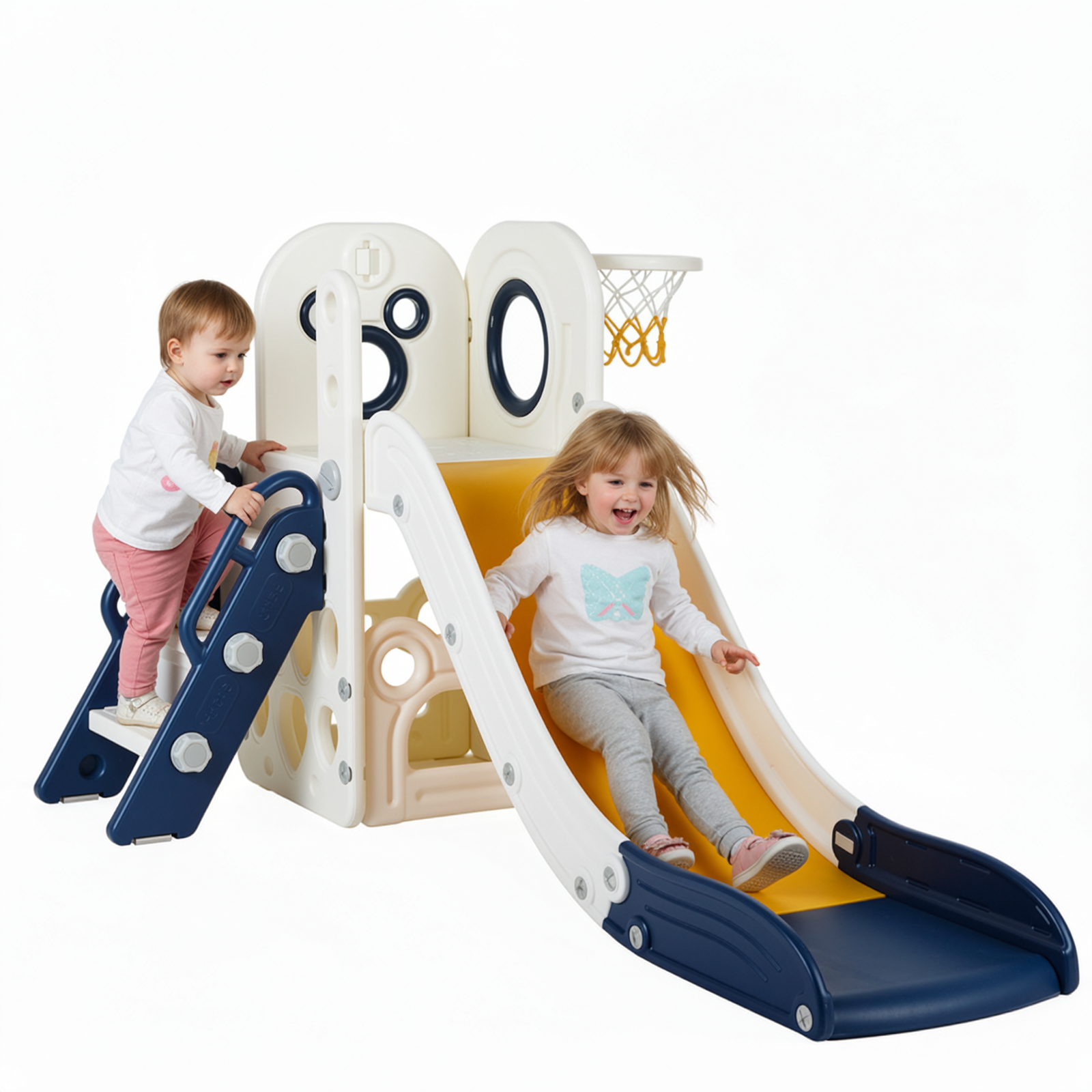 TLSUNNY Toddler Slide Playset, Stair Slides for Kids with Basketball Hoop, Non-Slip Steps & Storage Space, for Backyard, Nursey, Playgroud