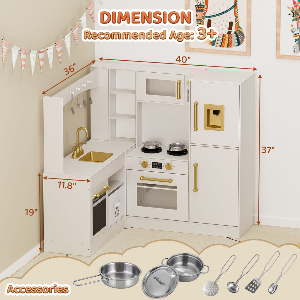 TLSUNNY Corner Play Kitchen with Lights & Sounds, Sink, Fridge, Microwave & Storage, Wooden Toddler Toy for Ages 3+