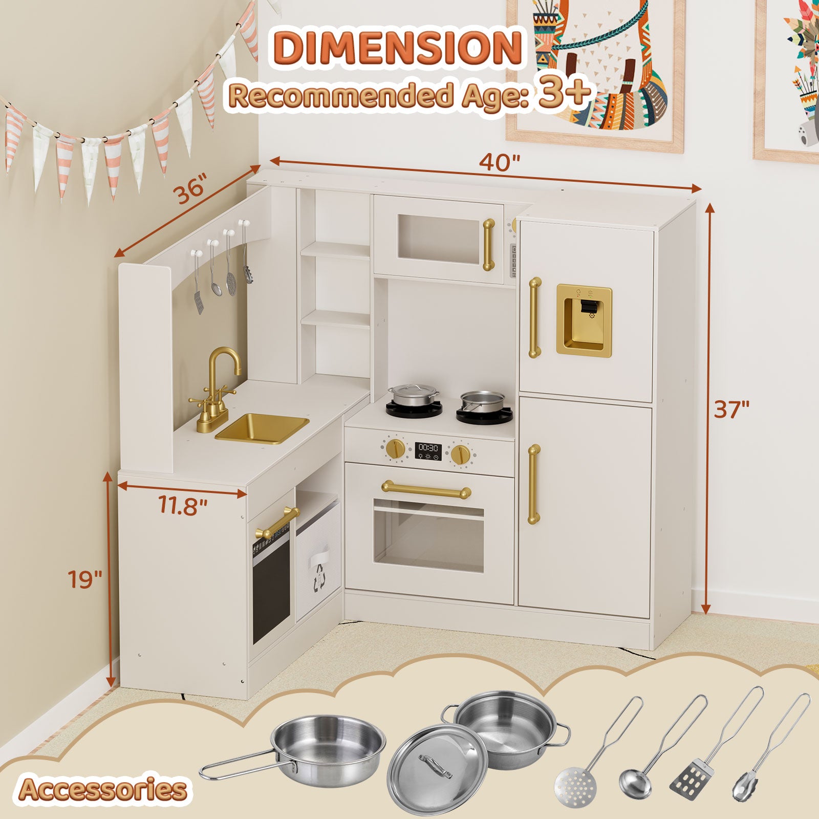 TLSUNNY Corner Play Kitchen with Lights & Sounds, Sink, Fridge, Microwave & Storage, Wooden Toddler Toy for Ages 3+