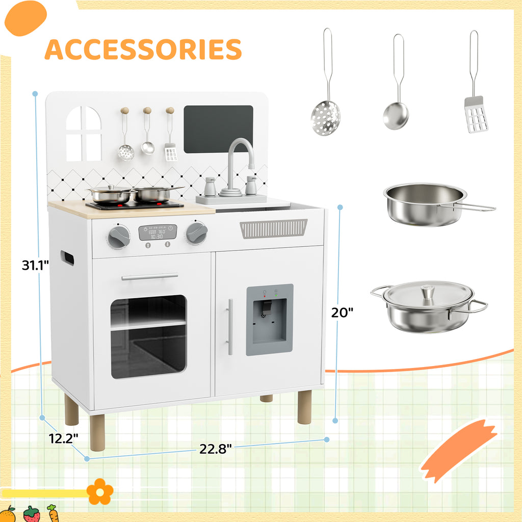 TLSUNNY Kids Play Kitchen Set, w/ Realistic Lights & Knob Sounds, Wooden Play Kitchen with Water Dispenser & Chalkboard for Age 3+