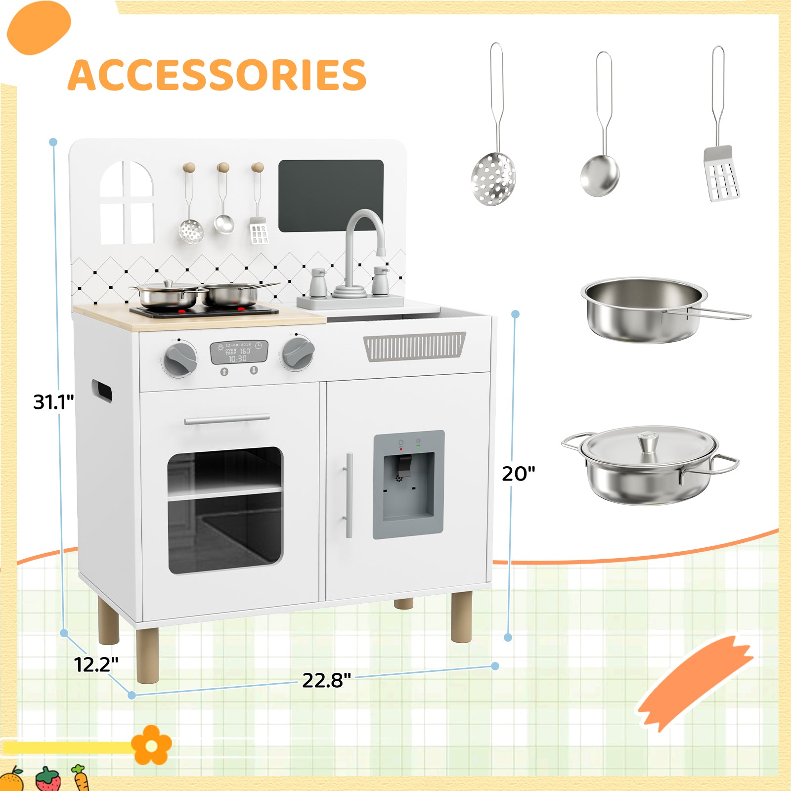 TLSUNNY Kids Play Kitchen Set, w/ Realistic Lights & Knob Sounds, Wooden Play Kitchen with Water Dispenser & Chalkboard for Age 3+