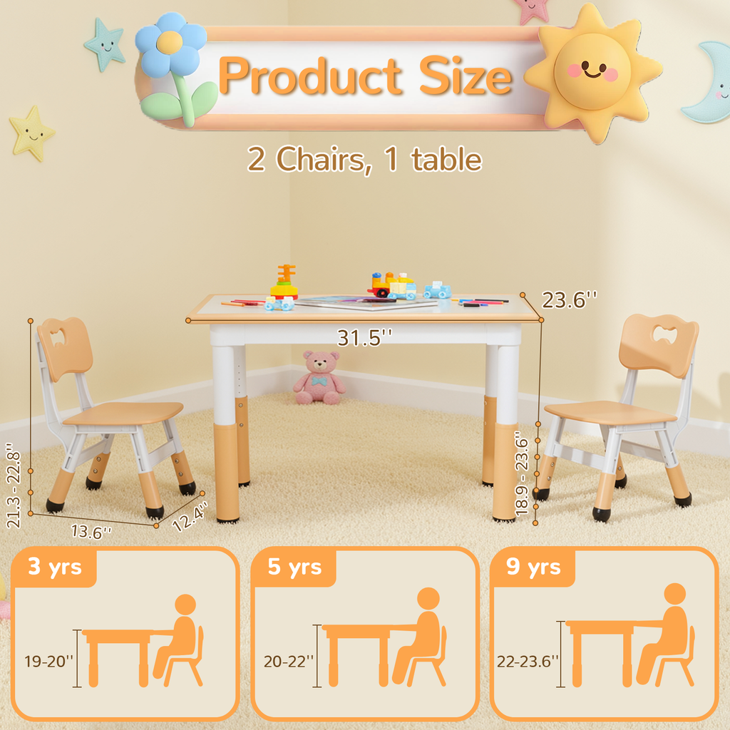 TLSUNNY Kids Table and 2 Chairs Set, Height Adjustable, Toddler Activity Table with Graffiti Desktop, for Daycare, Classroom & Home