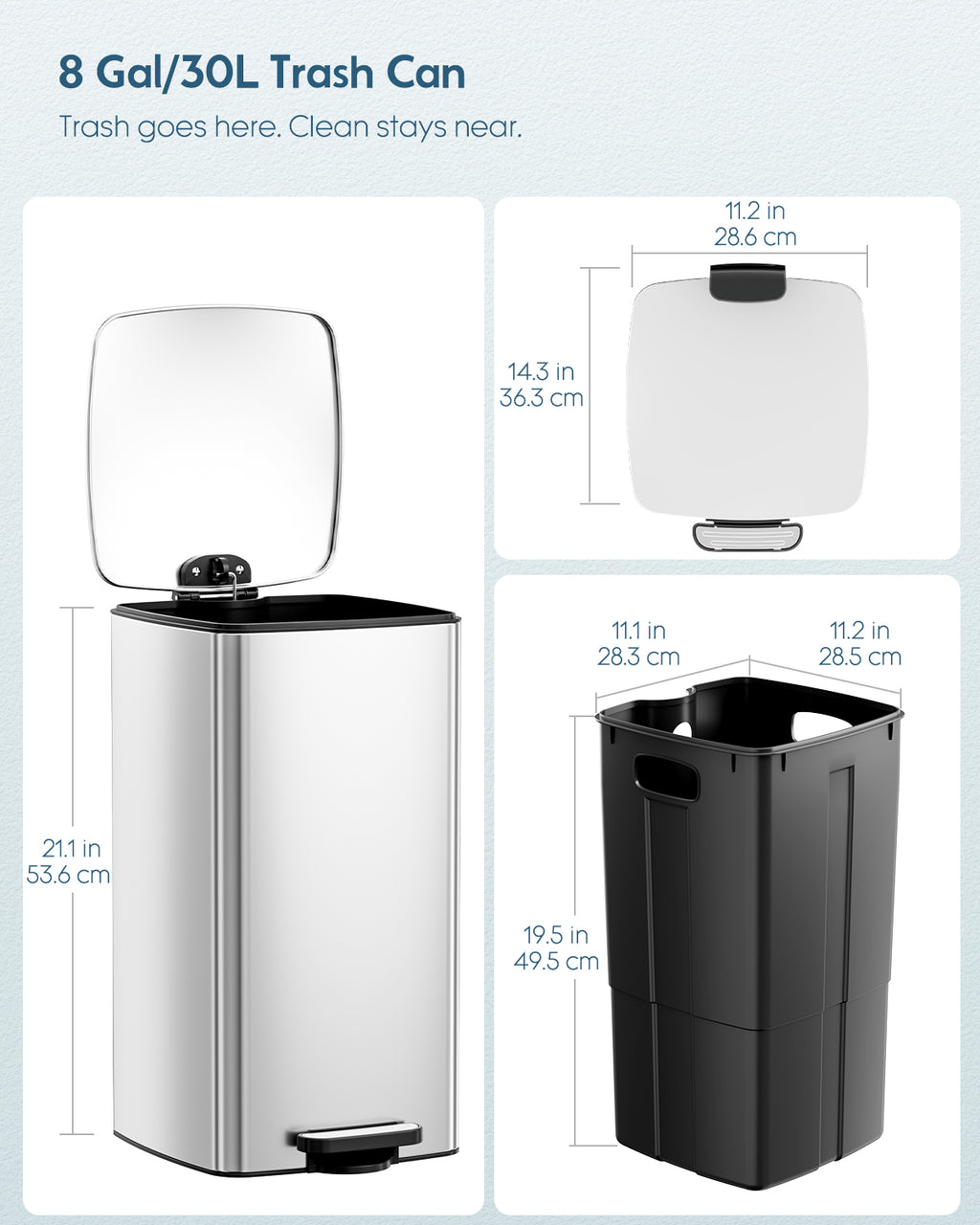 TLSUNNY 8 Gal/30L Square Trash Can, Fingerprint-Proof Stainless Steel Step Garbage Bin, Soft-Close Lid & Removable Bucket for Kitchen, Office, Home