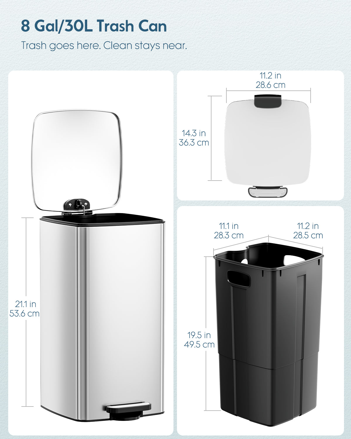 TLSUNNY 8 Gal/30L Square Trash Can, Fingerprint-Proof Stainless Steel Step Garbage Bin, Soft-Close Lid & Removable Bucket for Kitchen, Office, Home