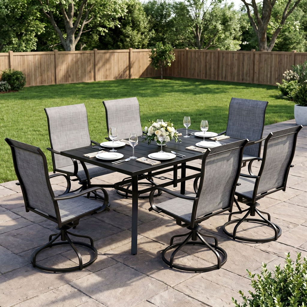 TLSUNNY Outdoor Dining Set, Patio Metal Table and Swivel Chairs Set, W/ Umbrella Hole & Foot Pads, Outdoor Furniture for Backyard, Porch, Garden