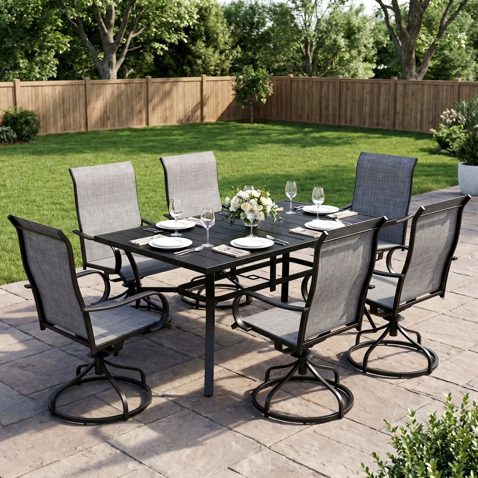 TLSUNNY Outdoor Dining Set, Patio Metal Table and Swivel Chairs Set, W/ Umbrella Hole & Foot Pads, Outdoor Furniture for Backyard, Porch, Garden