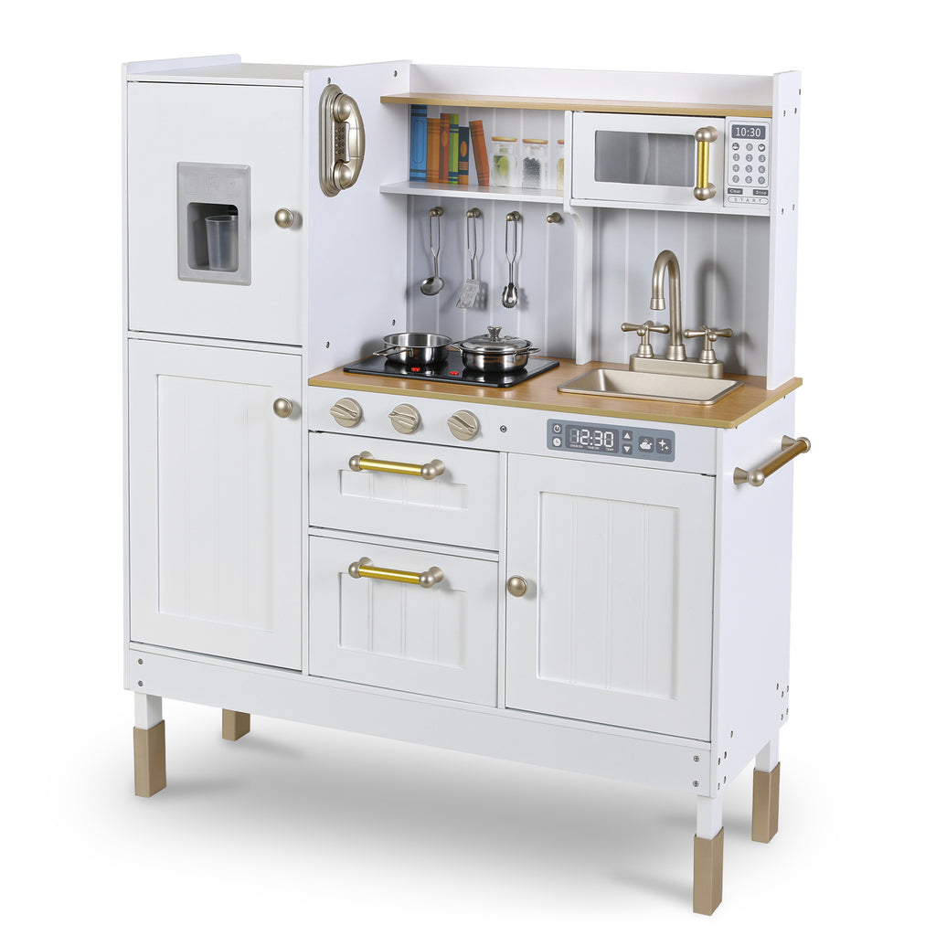 TLSUNNY Kids Play Kitchen, Wooden Kitchen Playset w/ Realistic Light & Sound and Cooking Accessories