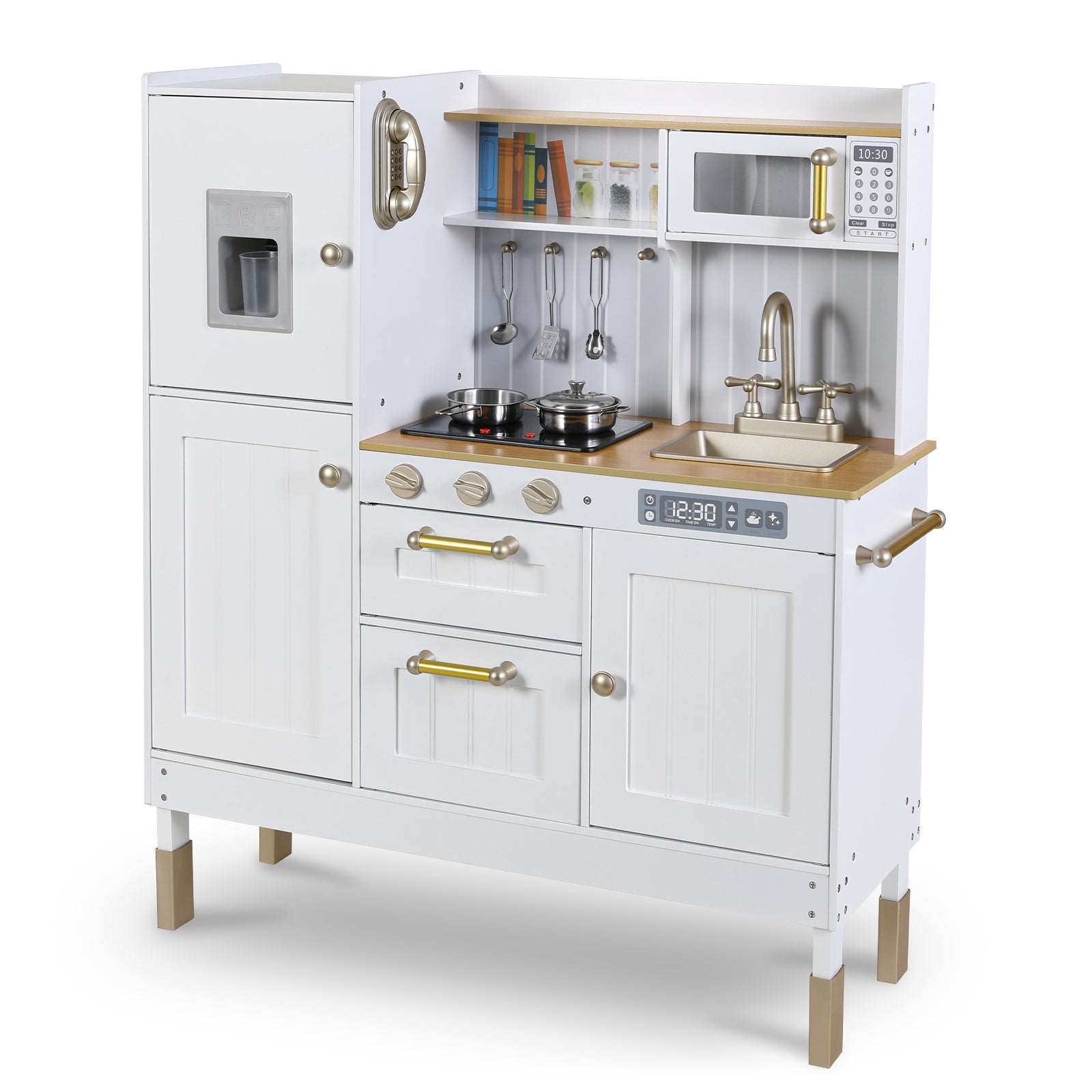 TLSUNNY Kids Play Kitchen, Wooden Kitchen Playset w/ Realistic Light & Sound and Cooking Accessories