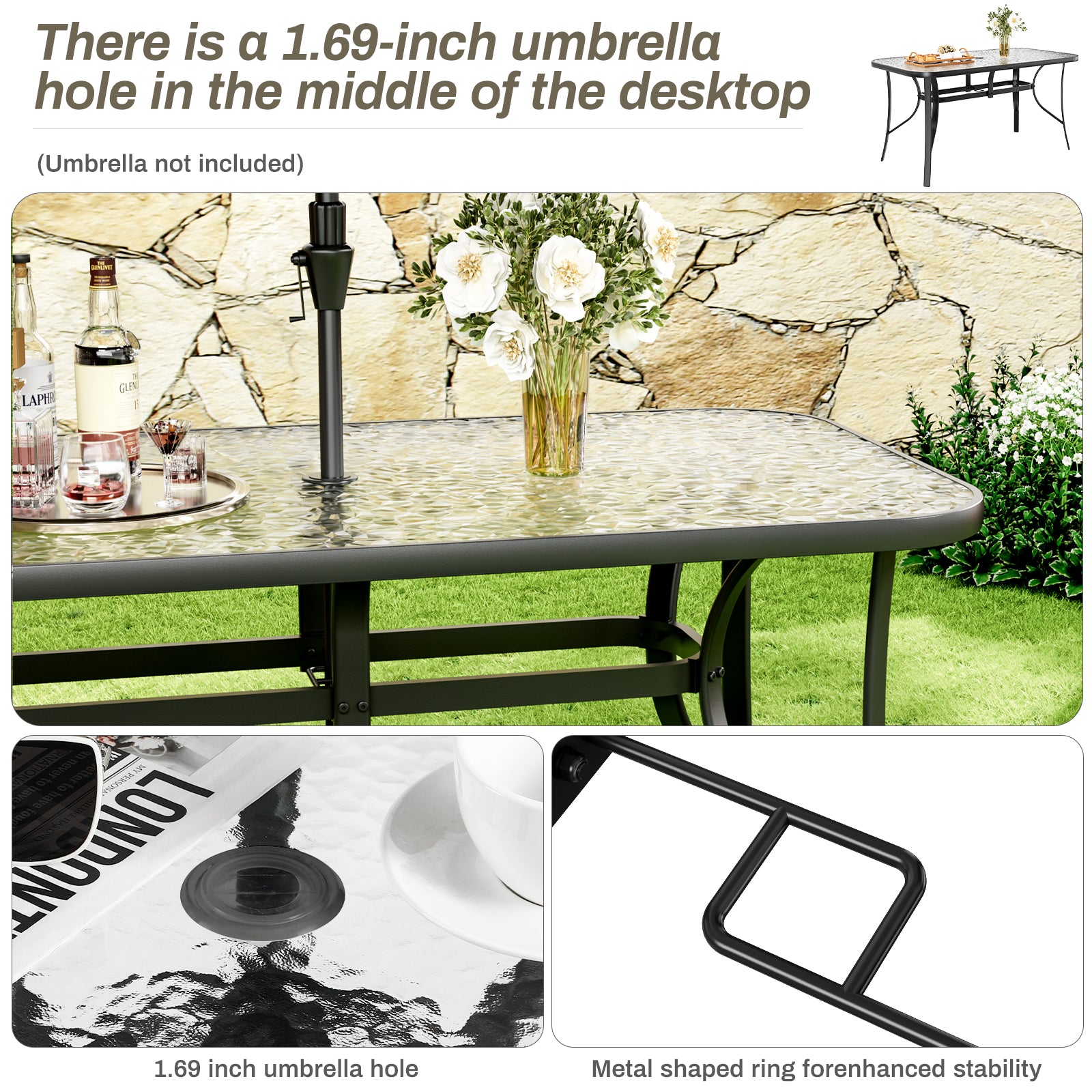 TLSUNNY Outdoor Dining Table with Umbrella Hole, Rectangular Glass Patio Table, Outdoor Metal Furniture for Outside, Garden, Balcony, Black