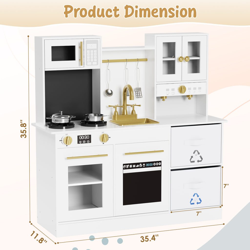 TLSUNNY Kids Play Kitchen, Wooden Pretend Cooking Play Toy Set with Cookware Accessories, Sink, Microwave and Realistic Light & Sounds, Gifts for Age 3+
