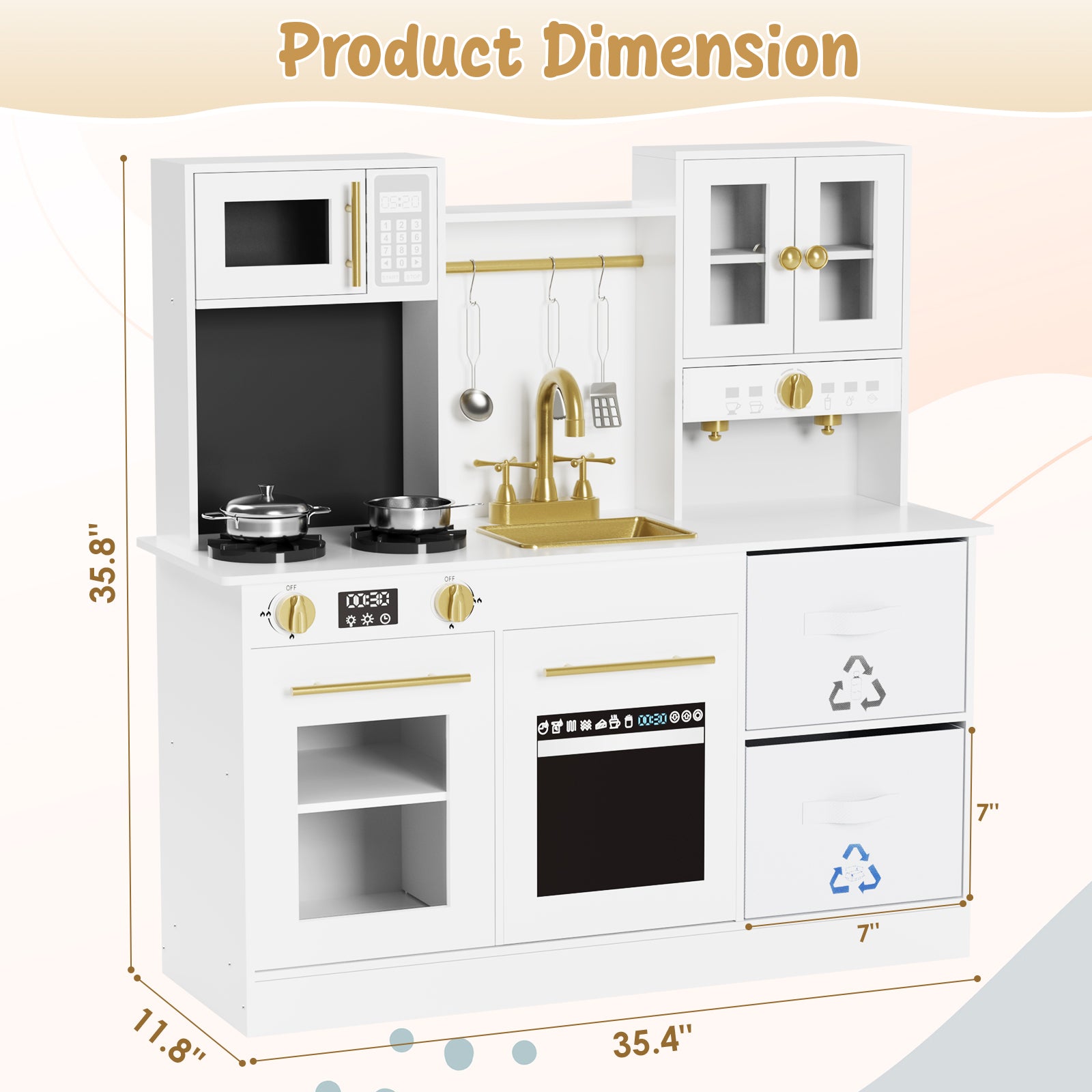 TLSUNNY Kids Play Kitchen, Wooden Pretend Cooking Play Toy Set with Cookware Accessories, Sink, Microwave and Realistic Light & Sounds, Gifts for Age 3+