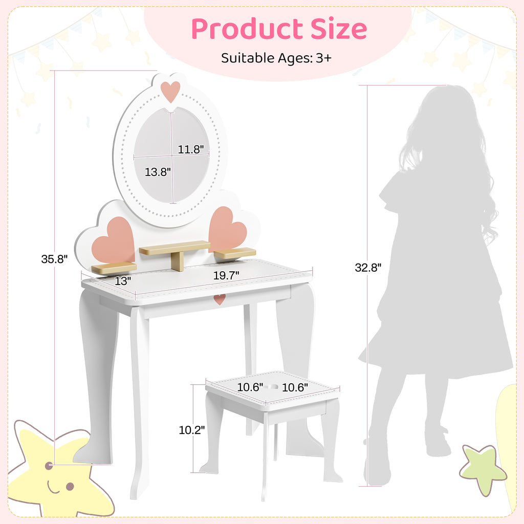 TLSUNNY Kids Princess Vanity Set, Make Up Table and Stool Play Set for Girls, Toddler Wooden Makeup Toys with 8 Pcs Accessories for Pretend Play
