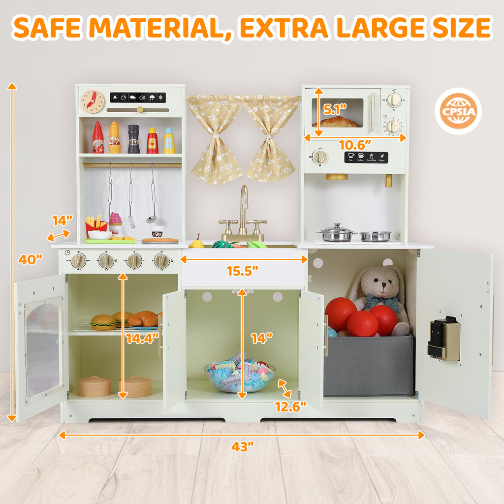 TLSUNNY Kids Play Kitchen with Realistic Lights & Sounds, Wooden Toy Pretend Play Kitchen Set w/ Sink, Faucet, Microwave, Curtain for Ages 3+