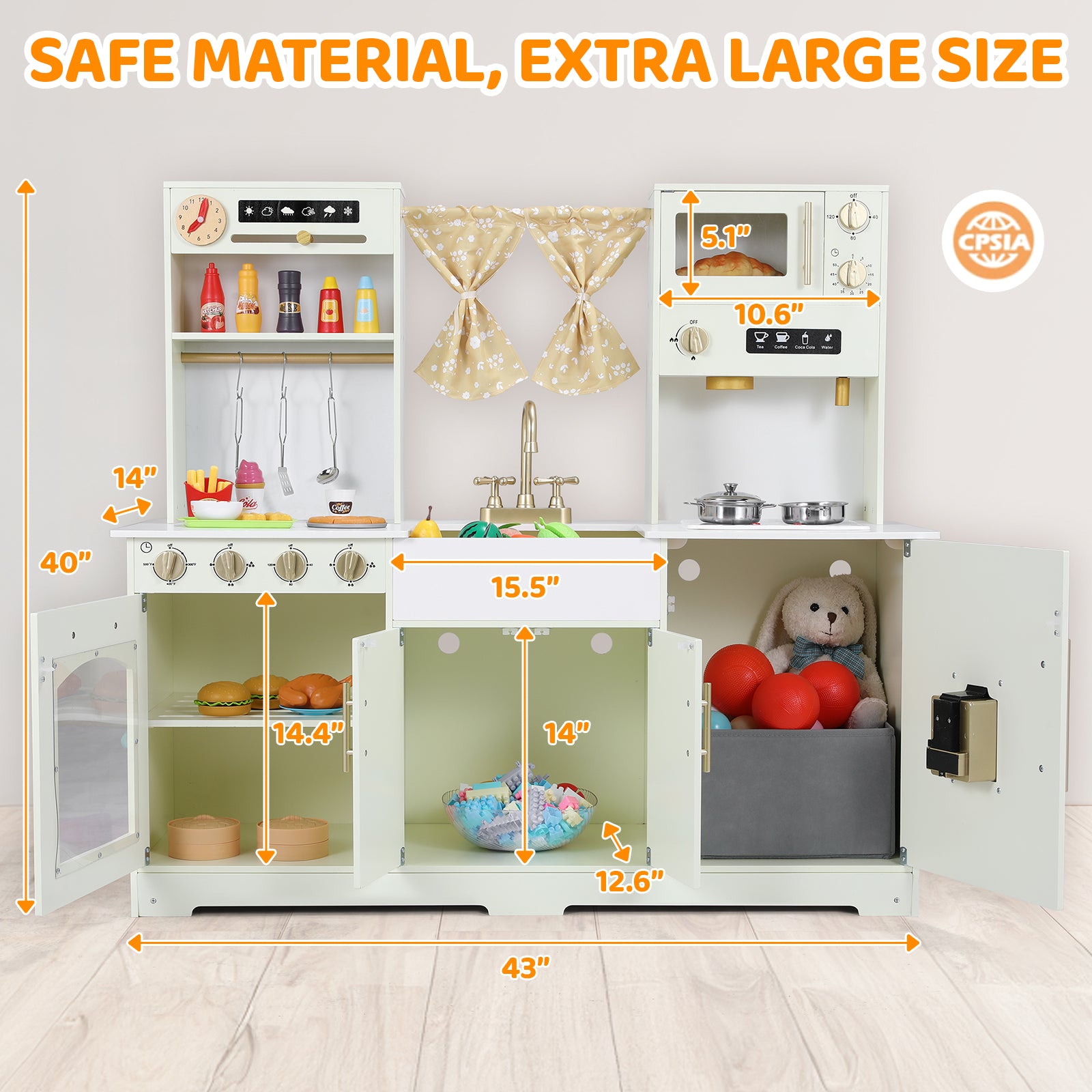 TLSUNNY Kids Play Kitchen with Realistic Lights & Sounds, Wooden Toy Pretend Play Kitchen Set w/ Sink, Faucet, Microwave, Curtain for Ages 3+