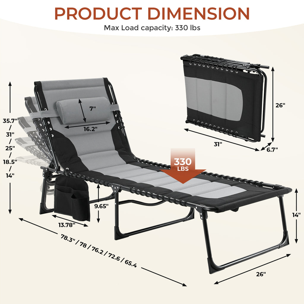 TLSUNNY Outdoor Folding Lounge Chair, Portable Adjustable Back & Leg Chaise Lounges with Pillow, Side Pocket, Carrying Handle, for Patio, Office