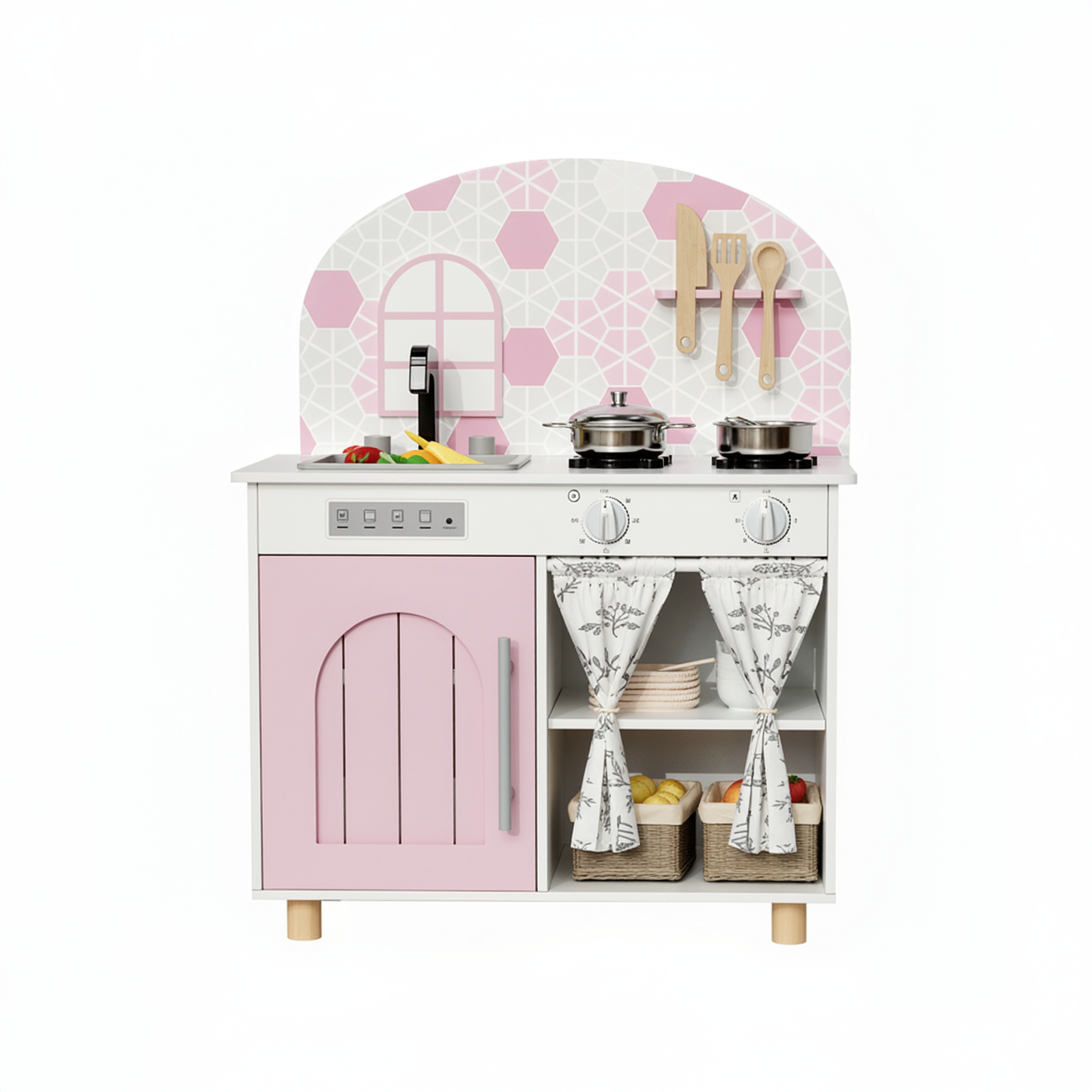 TLSUNNY Kids Play Kitchen, Wooden Kitchen Playset with Sink, Stove, Cooking Accessories, Educational Gift for Ages 3+