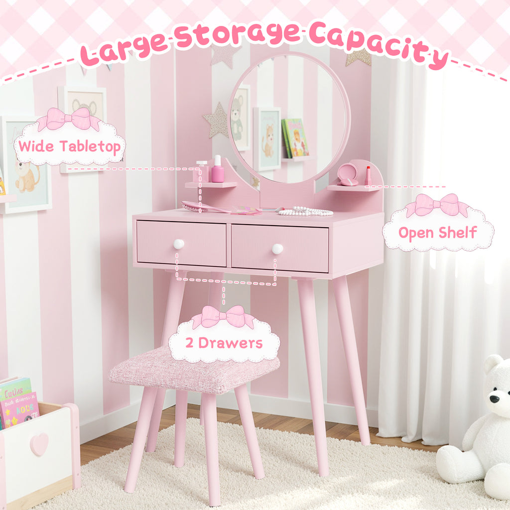 TLSUNNY Kids Princess Vanity Set, Toddlers Wooden Makeup Table & Stool with Drawer, Mirror, Detachable Top, for Little Girls