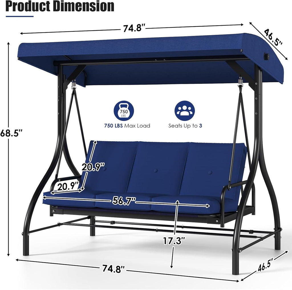 TLSUNNY Canopy Swing Chair Set, 3-Seat Outdoor Swing Chair with Stand & Removable Seat Cushion, for Patio, Backyard, Balcony Relaxation, Supports 750lbs