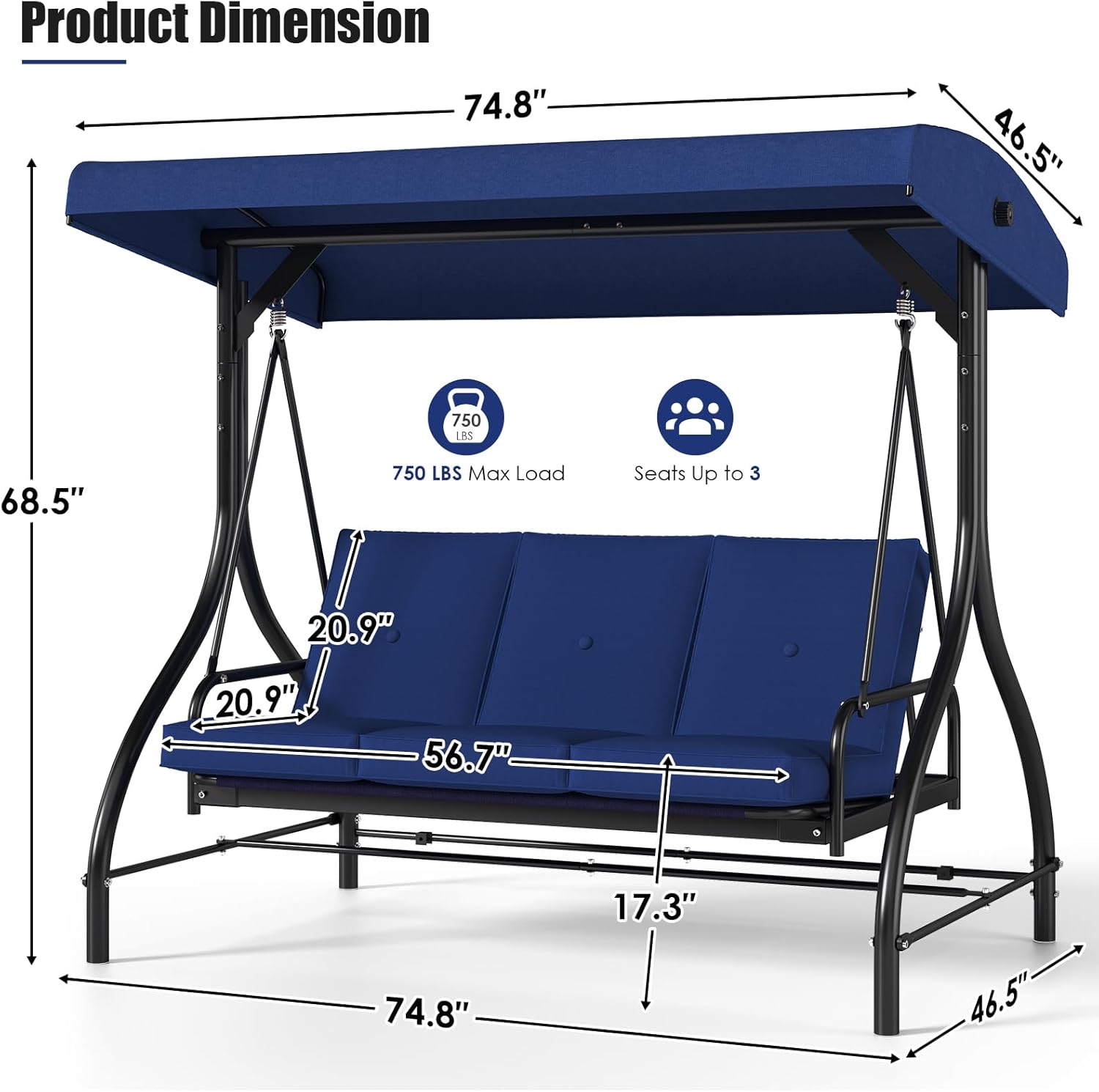 TLSUNNY Canopy Swing Chair Set, 3-Seat Outdoor Swing Chair with Stand & Removable Seat Cushion, for Patio, Backyard, Balcony Relaxation, Supports 750lbs