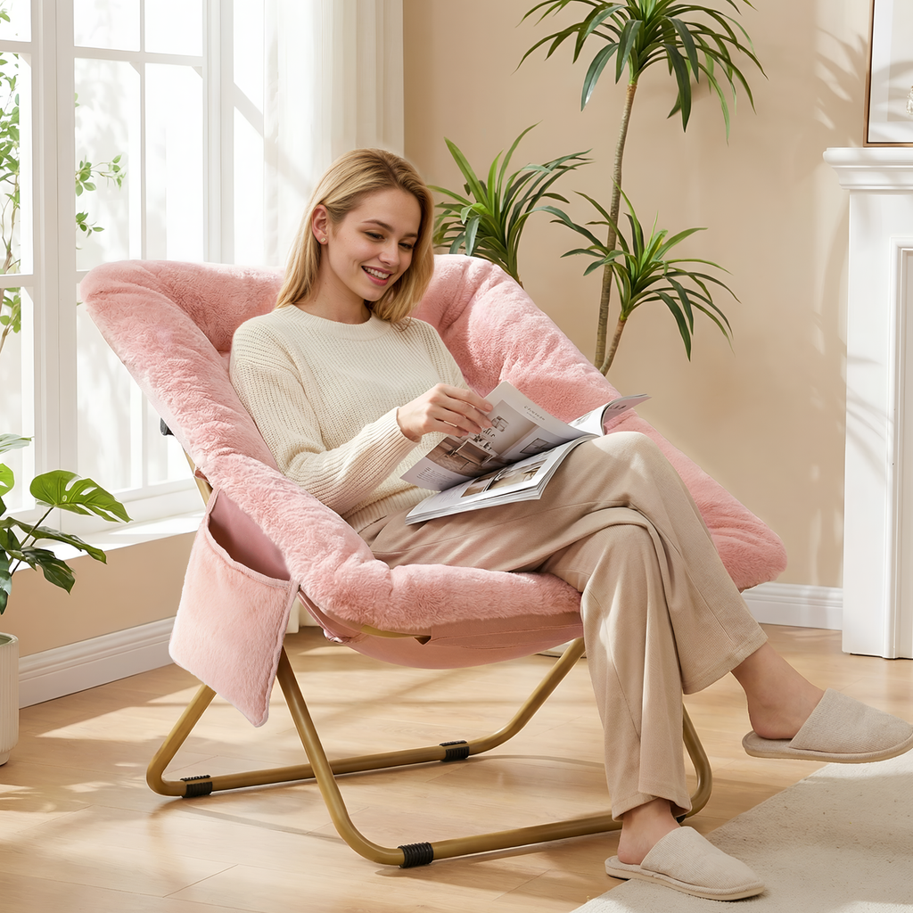 TLSUNNY Foldable Lazy Chair/Foldable Saucer Chair with Ottoman, Comfy Saucer Chair, Soft Faux Fur Reading Lounge Chair, for Living Room, Bedroom, Dorms, Teens Adults