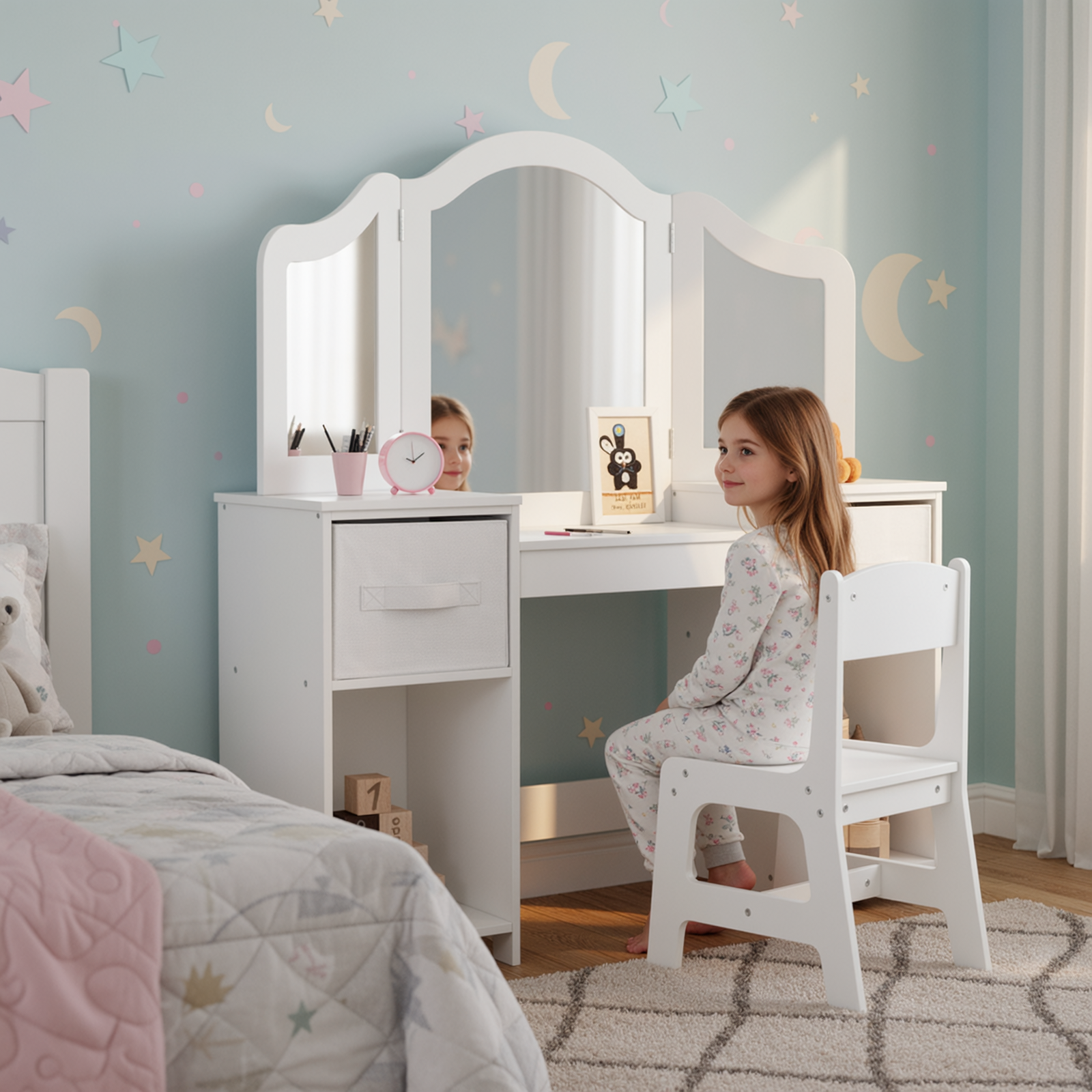 TLSUNNY Kids Vanity Set, Toddler Princess Makeup Desk & Stool Set w/ Tri-Fold Mirror Storage Drawers, for Girls