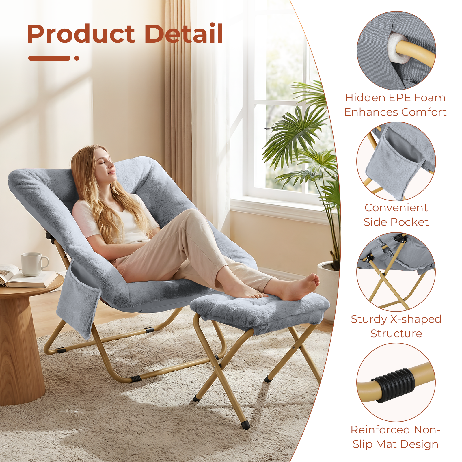TLSUNNY Foldable Lazy Chair/Foldable Saucer Chair with Ottoman, Comfy Saucer Chair, Soft Faux Fur Reading Lounge Chair, for Living Room, Bedroom, Dorms, Teens Adults