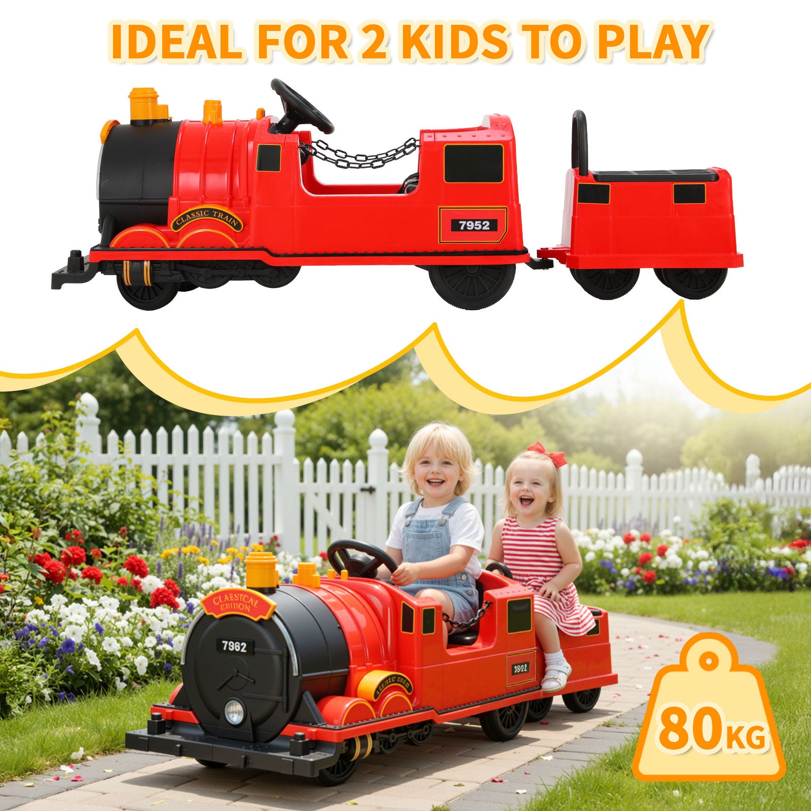 TLSUNNY Kids Ride On Train Trackless, 12V Kids Battery Powered Electric Train w/ Lights & Music, Detachable Carriage, Storage, for Toddlers