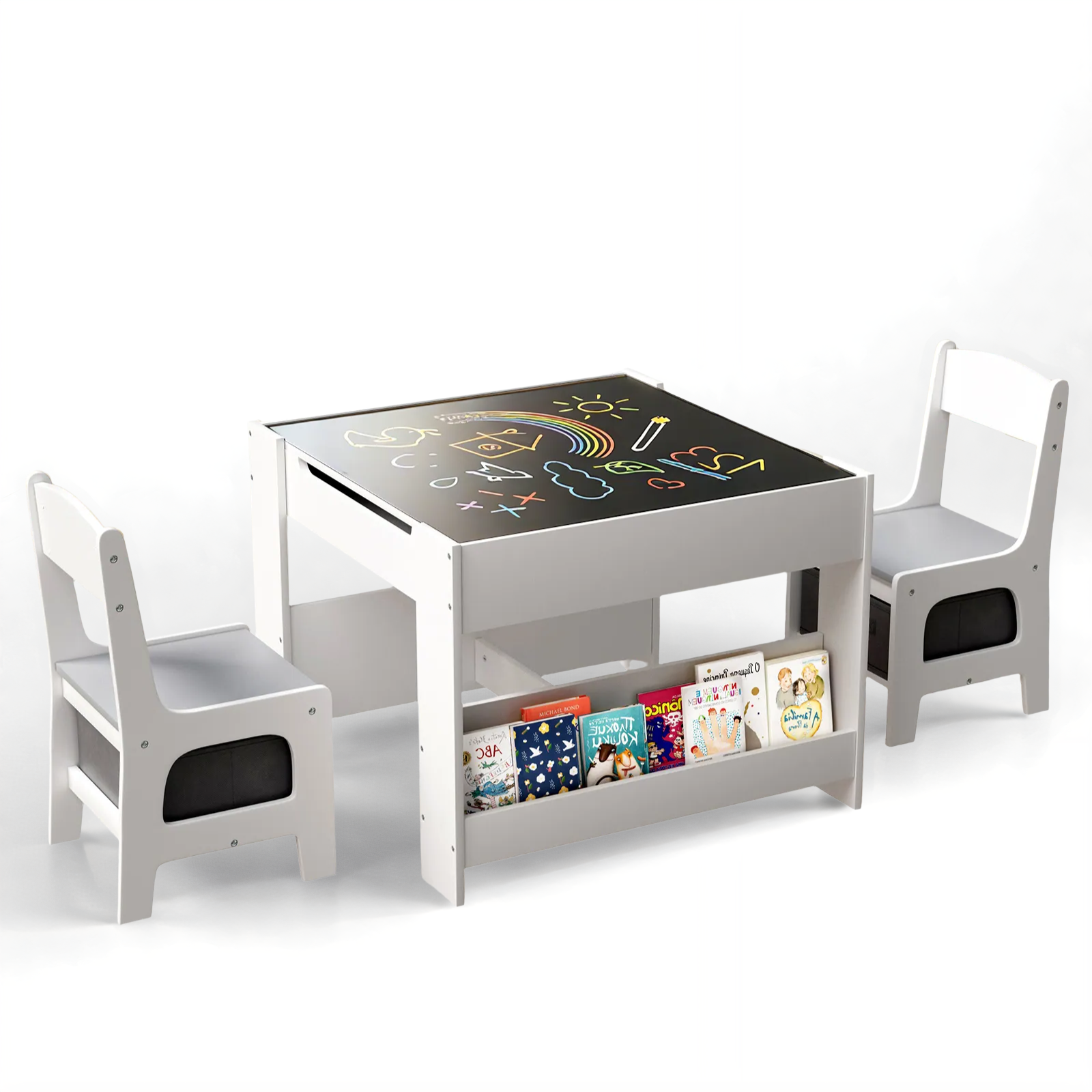 TLSUNNY Kids Table and Chairs Set, 4-in-1 Toddler Activity Art Table with Bookshelf Storage & Reversible Top, for Drawing, Playing, Learning