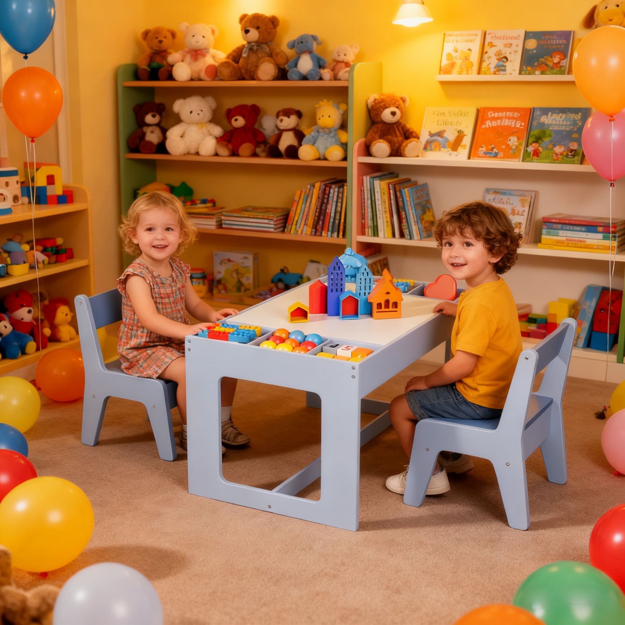 TLSUNNY Kids Table and Chairs Set with Storage, Children's Wooden Drawing Table, w/ Reversible Top & Chalkboard, for Home, Playroom, Nursery
