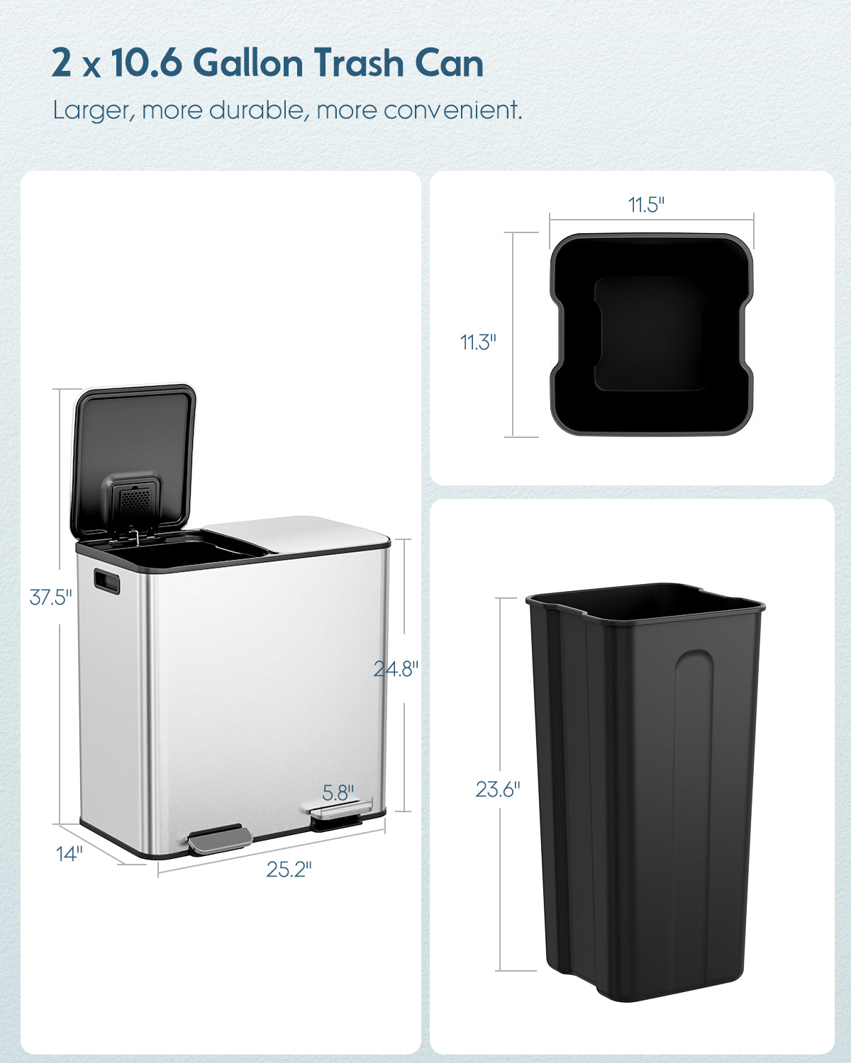 TLSUNNY 2 x 10.6 Gal Stainless Steel Double Trash Can with Odor-Control Box, Large Step-on Dual Garbage and Recycle Bin Combo, PP Inner Buckets, for Home